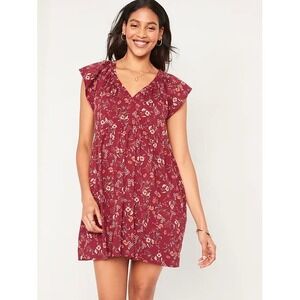 Old Navy Women's Red Floral V Neck Flutter Sleeve Smocked Waist Mini Dress XL